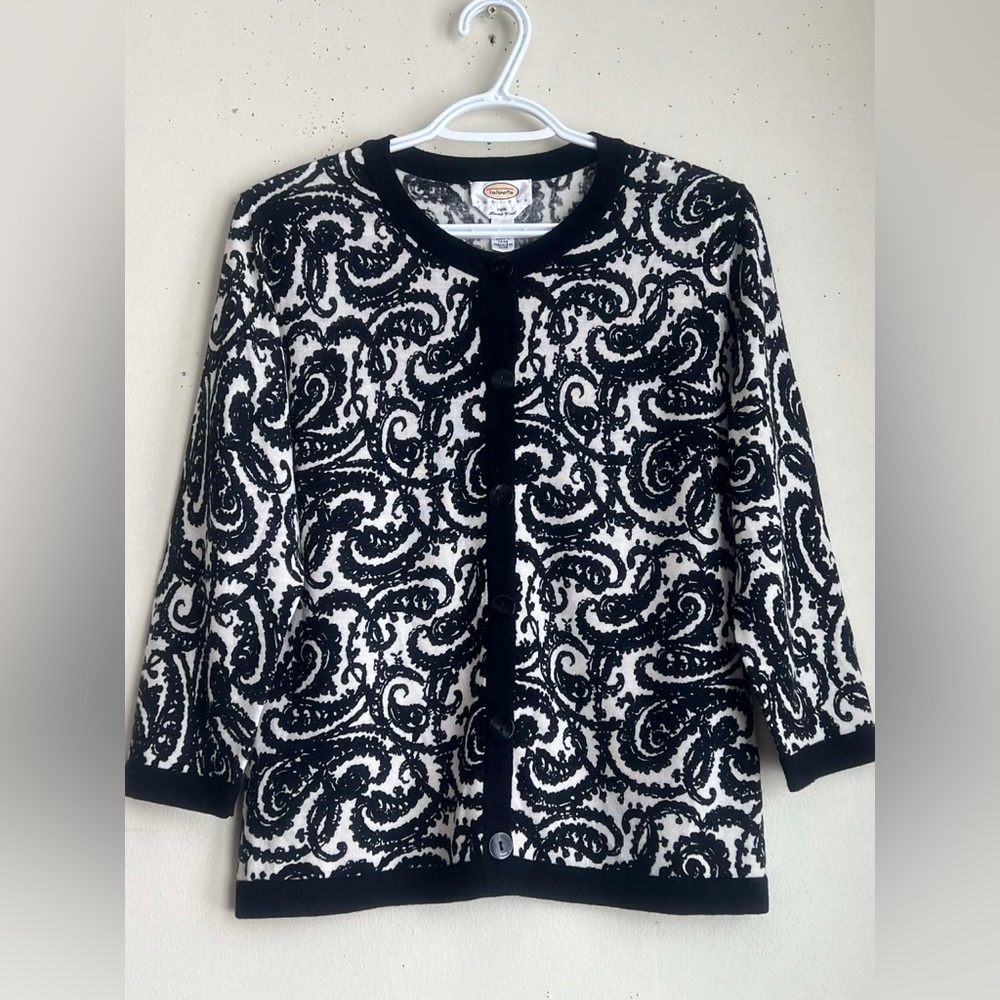 Talbots Black and White Paisley Cardigan